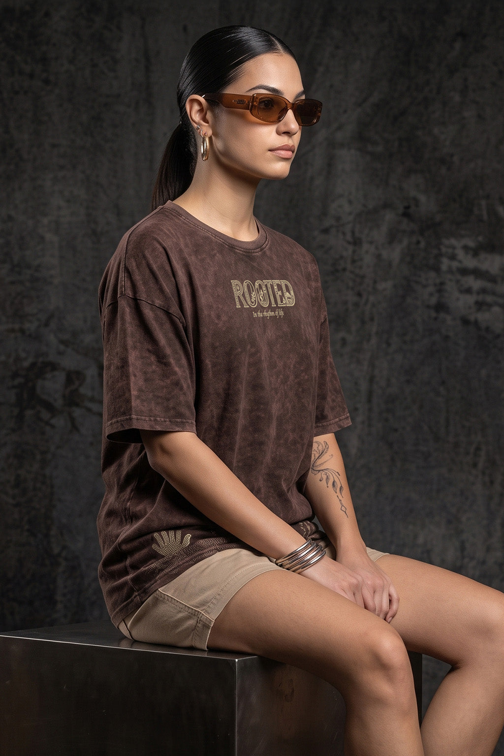 Rooted Brown Acid Washed Printed Exclusive T-shirt Epic Collection For Women