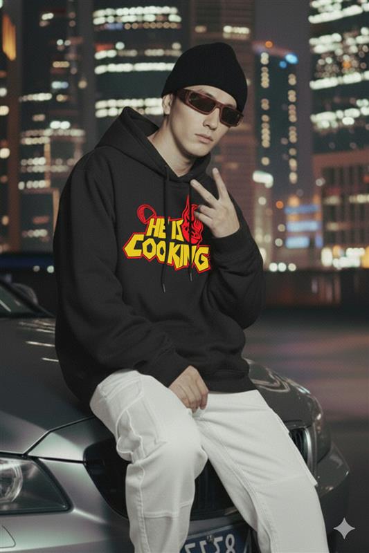 Cooking Dark Grey Oversized Printed Hoodie