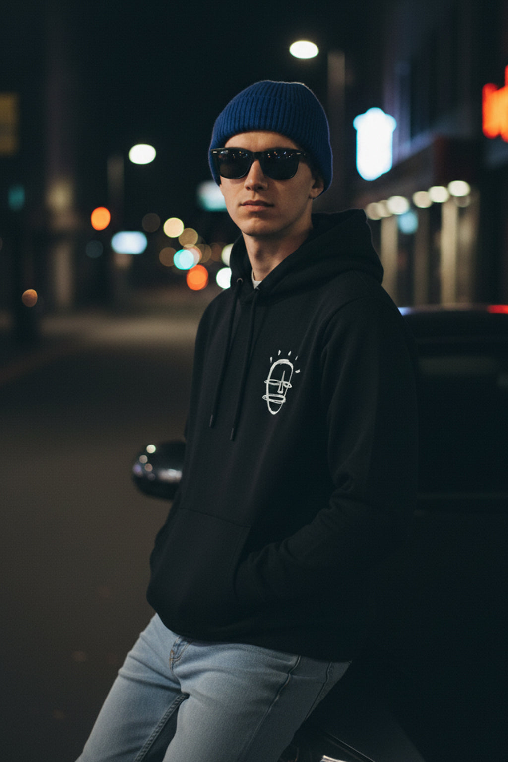 Happy Guy Black Regular Fit Back Printed Hoodie