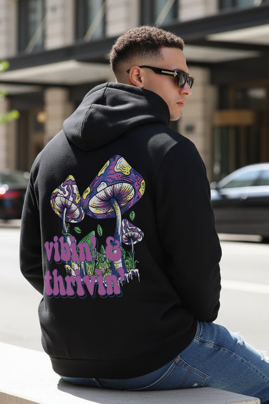 Vibin & Thrivin Black Regular Fit Back Printed Hoodie