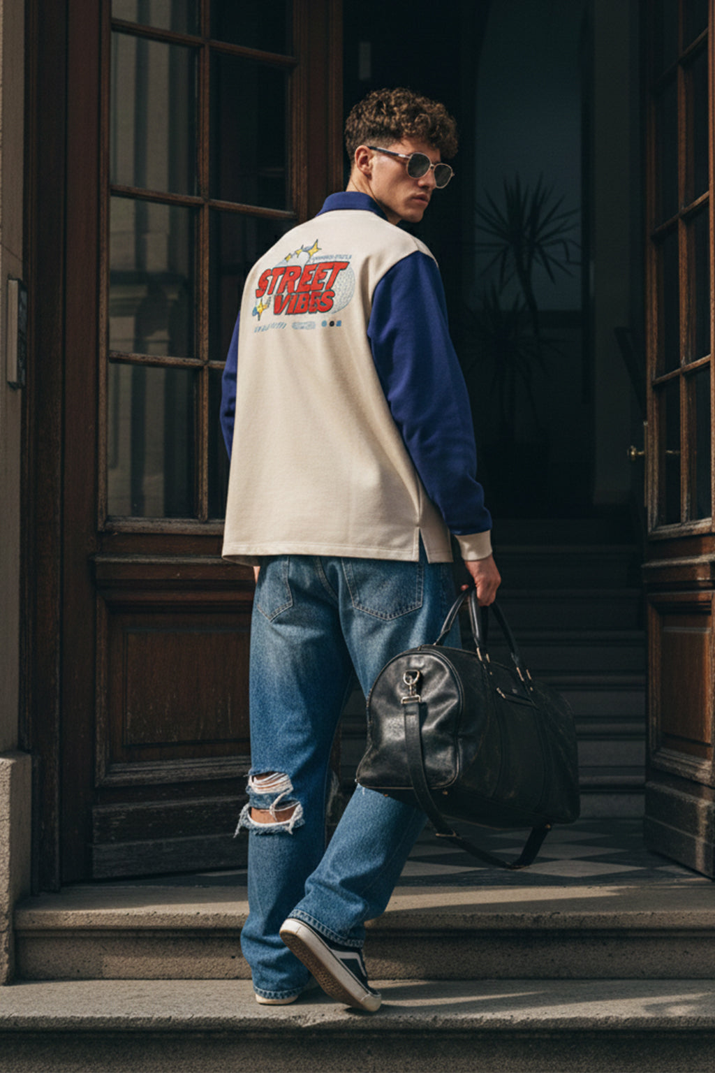 Street Vibe Beige & Navy Oversized Full Sleeve Exclusive Polo T-shirt