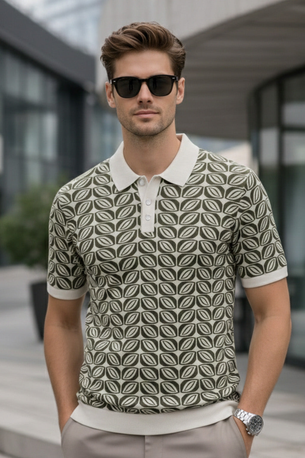 Monarch Pattern White & Olive Flatknit Textured Regular Fit Exclusive Polo T-Shirt
