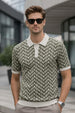 Monarch Pattern White & Olive Flatknit Textured Regular Fit Exclusive Polo T-Shirt