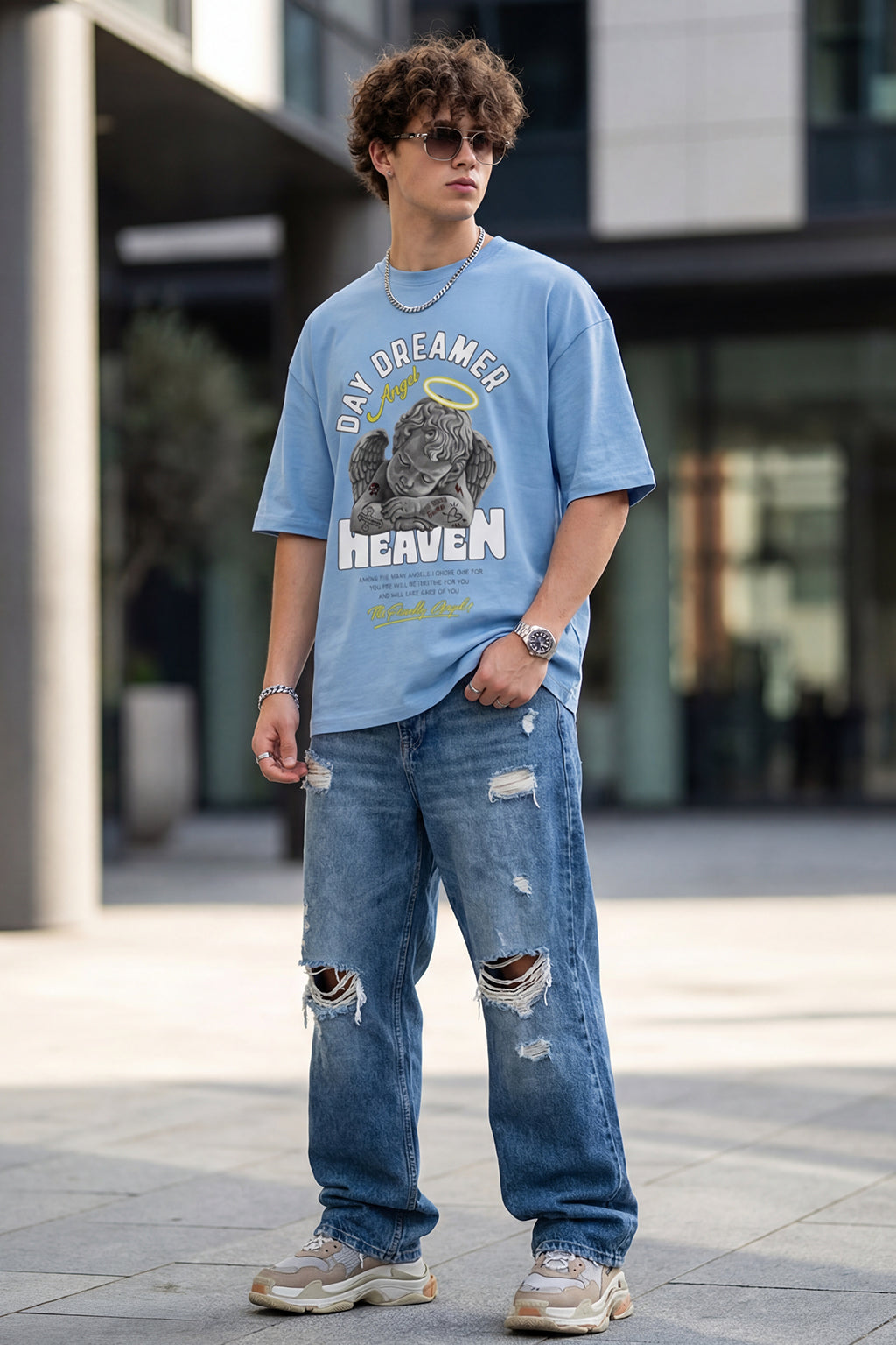 Heaven Blue Oversized Chest Graphic Printed T-shirt