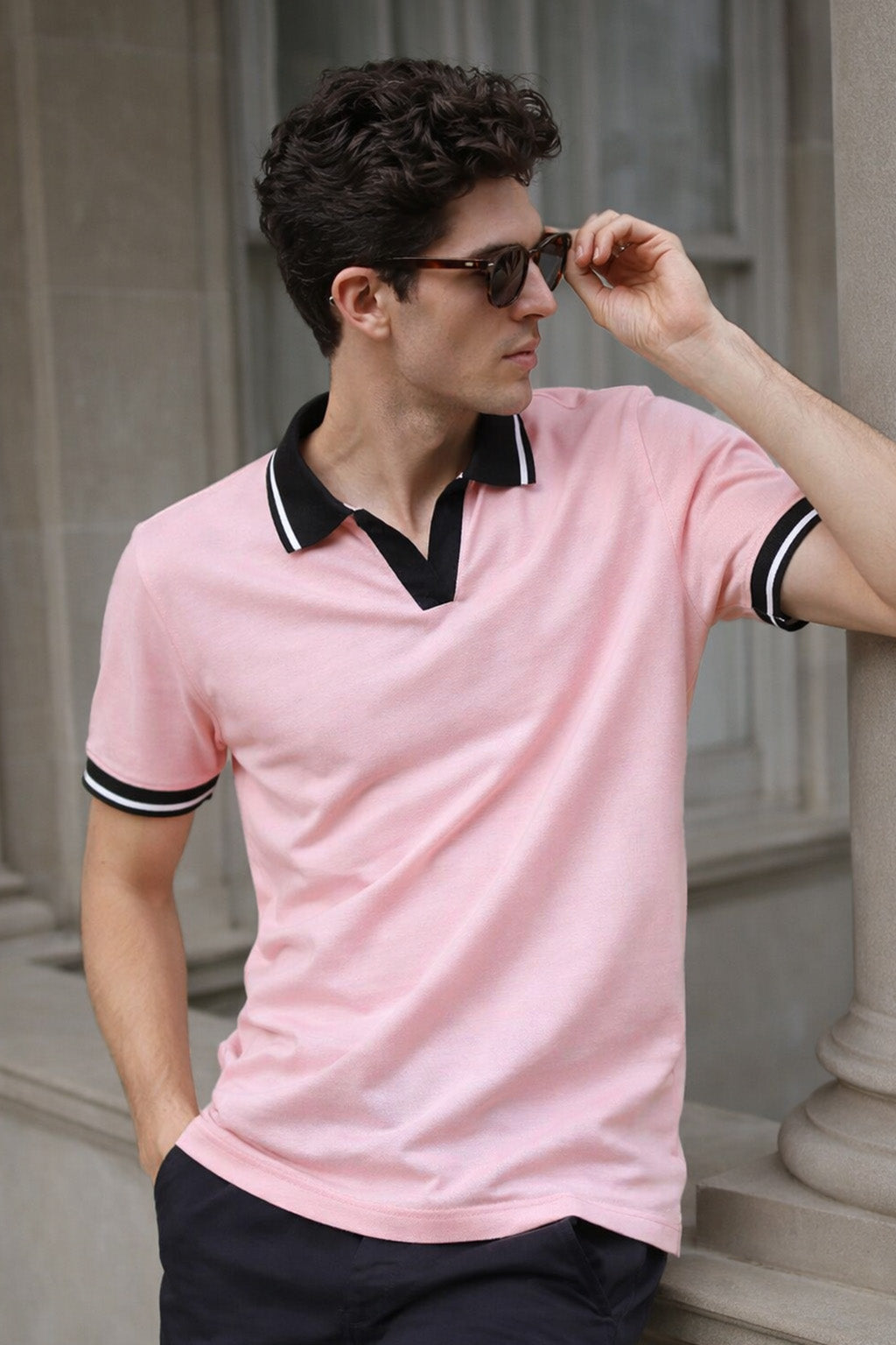 Pink Contrast Stripped Collar Economic Regular Fit Pique Polo