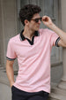 Pink Contrast Stripped Rib Collar Economic Regular Fit Pique Polo