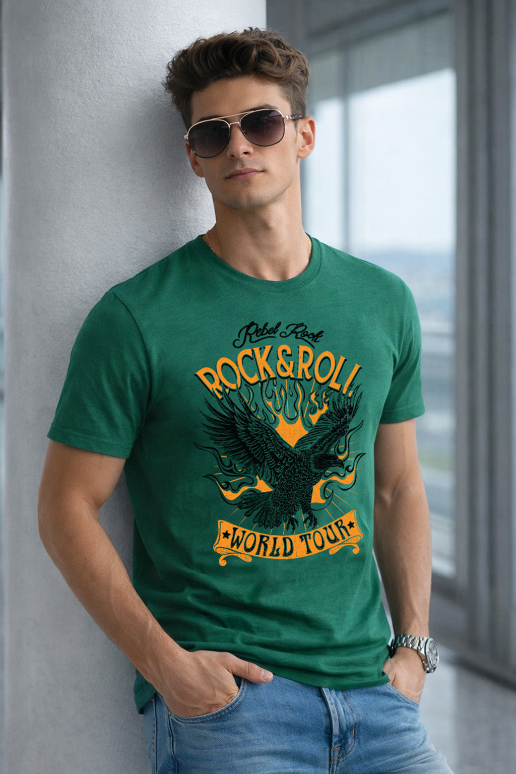 Rock And Roll Green Regular Fit Printed T-shirt