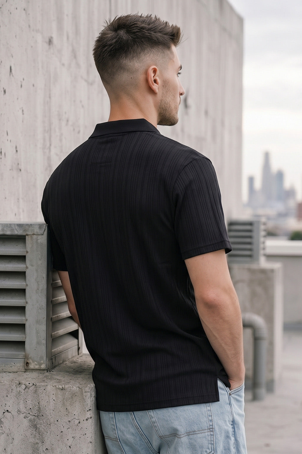 Black Cross Lining Jacquard Regular Fit Button Polo