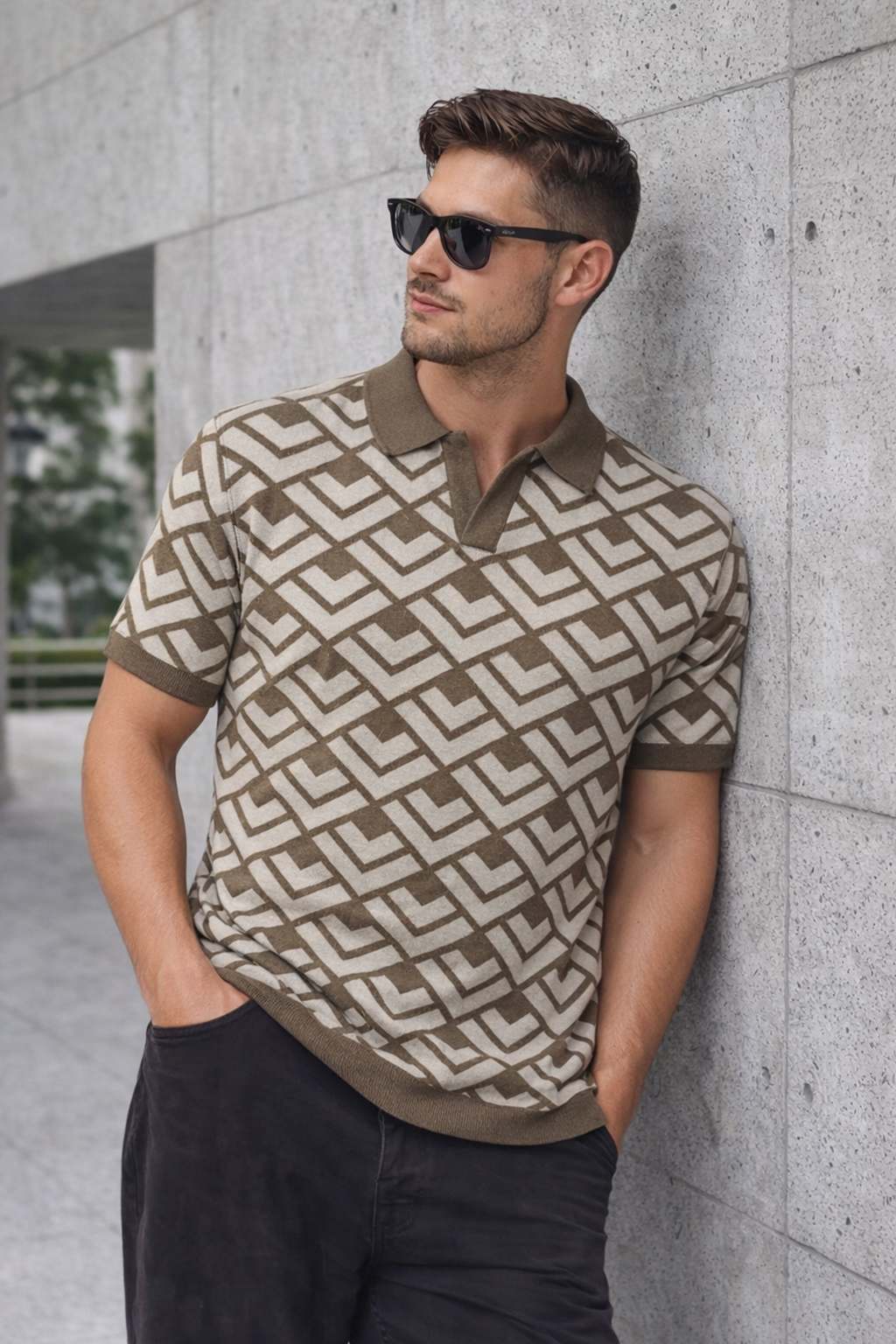 Heritage Taupe Brown Flatknit Textured Loose Fit Exclusive Polo T-Shirt