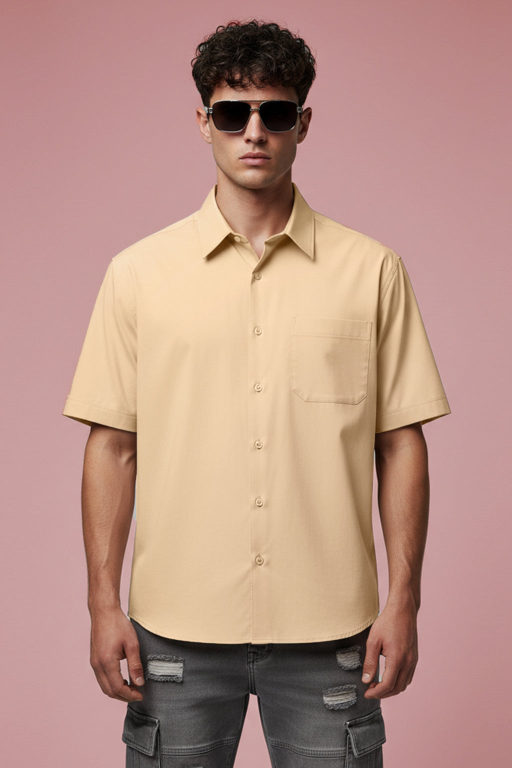 Beige Plain Regular Fit Half Sleeve Single Pocket Exclusive Shirt