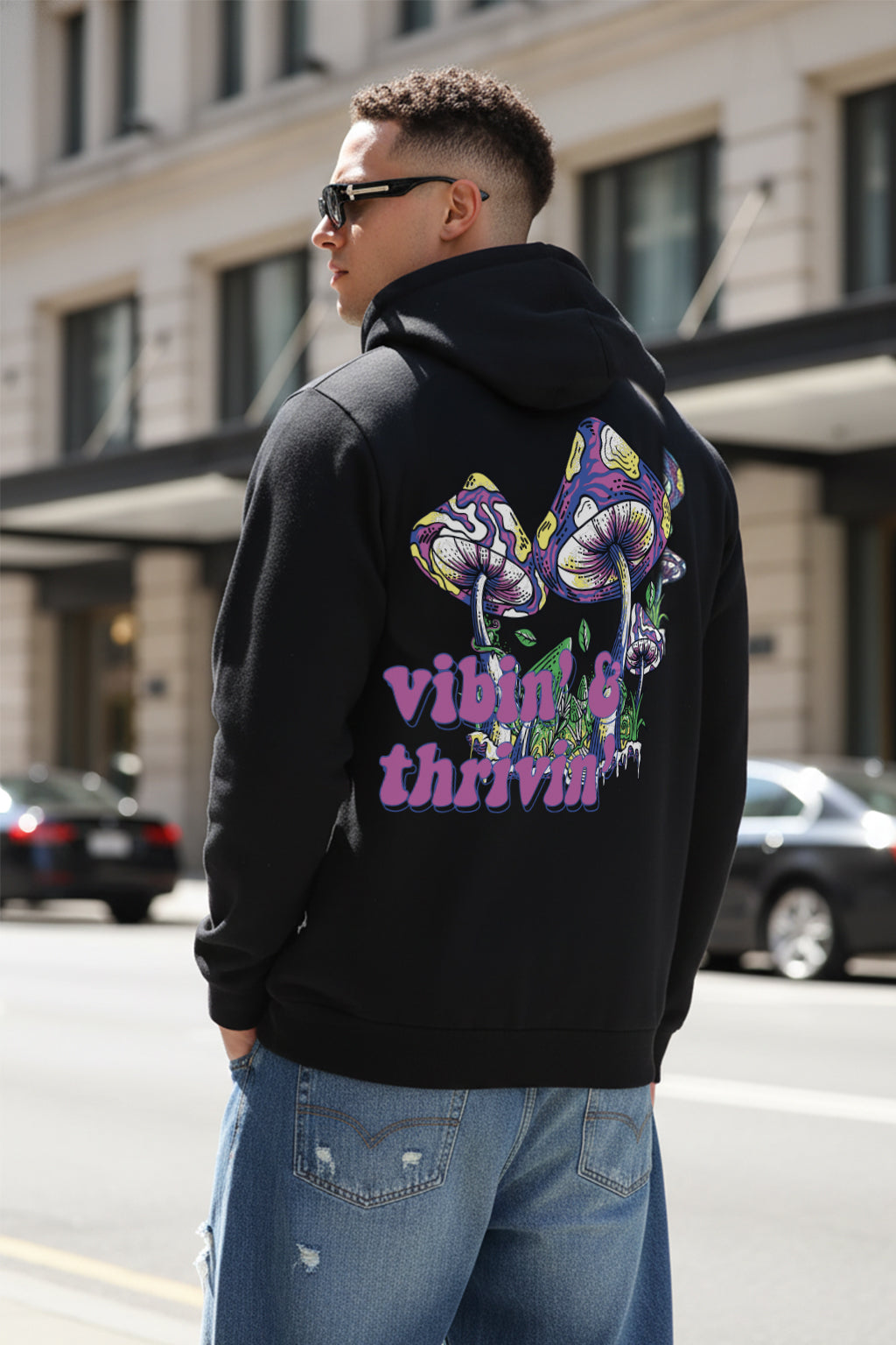 Vibin & Thrivin Black Regular Fit Back Printed Hoodie