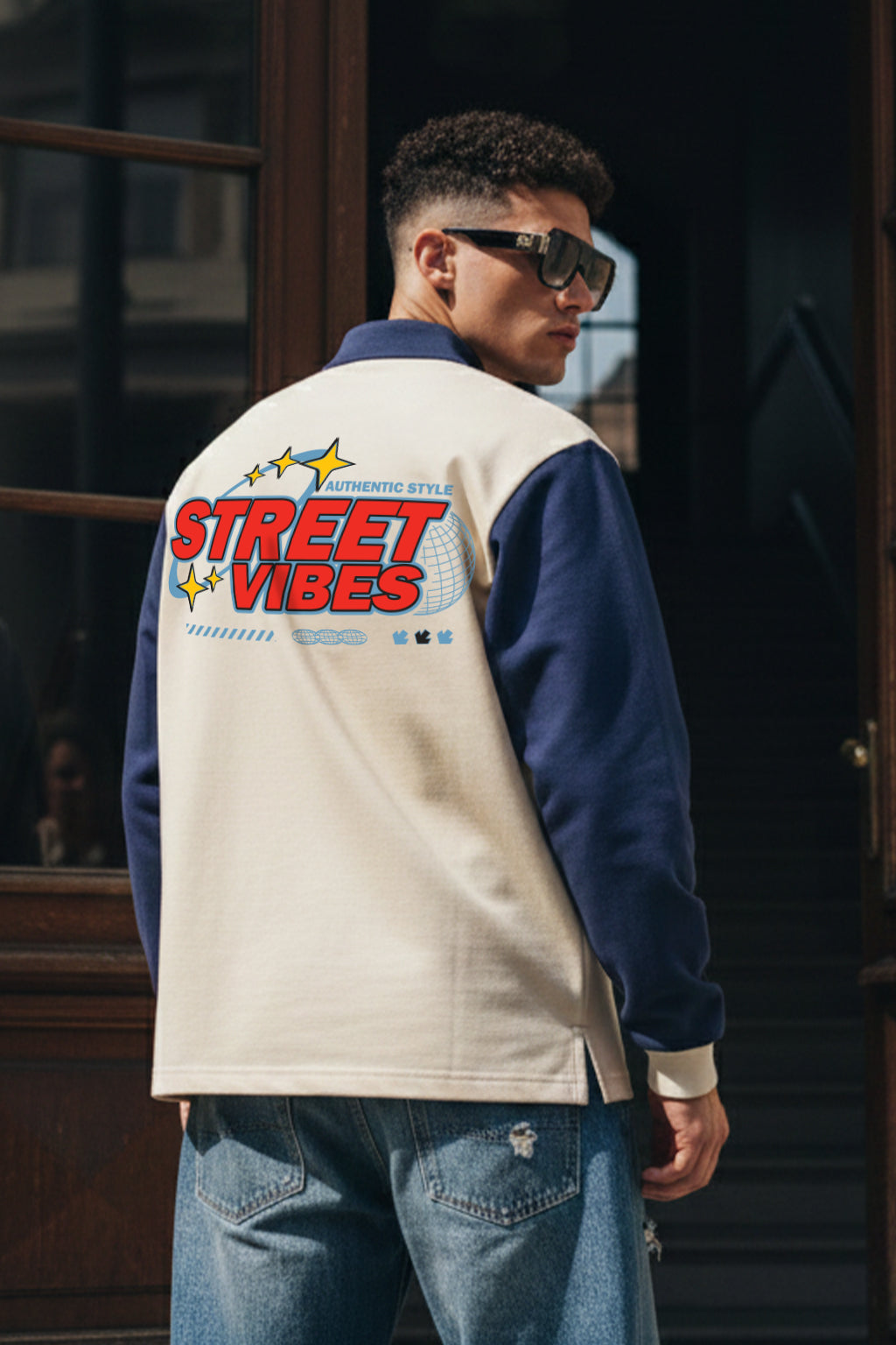 Street Vibe Beige & Navy Oversized Full Sleeve Exclusive Polo T-shirt