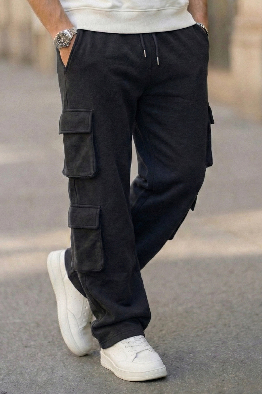 Black 6 Pocket Baggy Fit Exclusive Knitted Cargo Pant