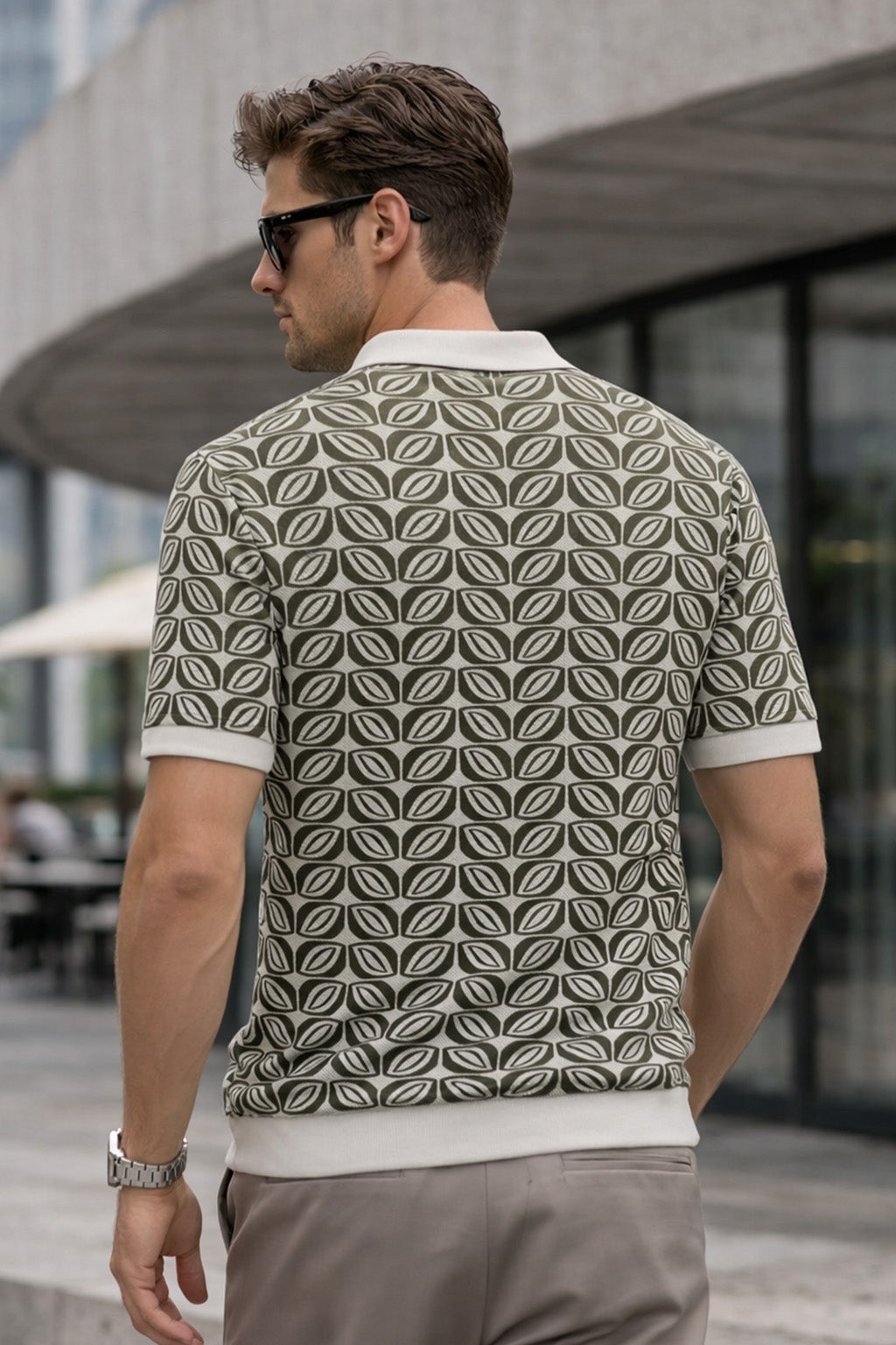 Monarch Pattern White & Olive Flatknit Textured Regular Fit Exclusive Polo T-Shirt