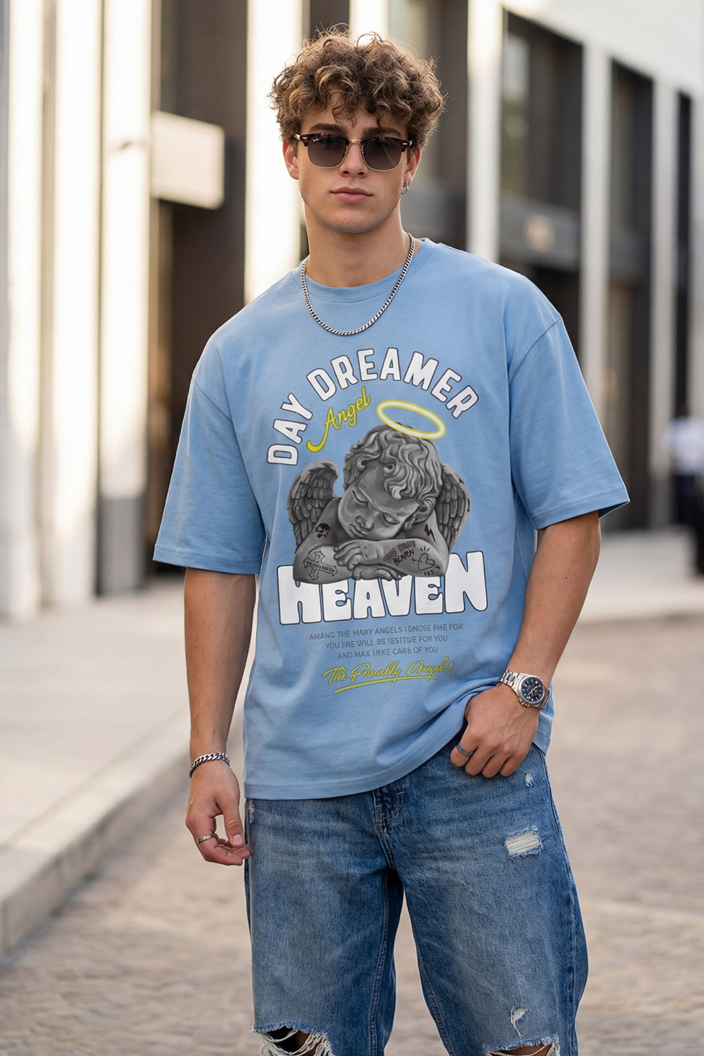 Heaven Blue Oversized Chest Graphic Printed T-shirt