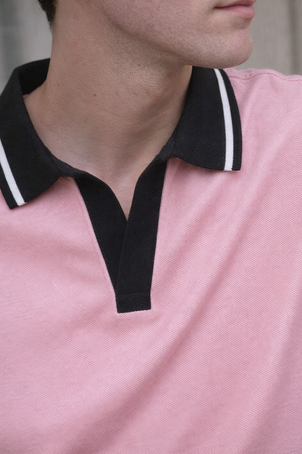 Pink Contrast Stripped Collar Economic Regular Fit Pique Polo