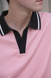 Pink Contrast Stripped Rib Collar Economic Regular Fit Pique Polo