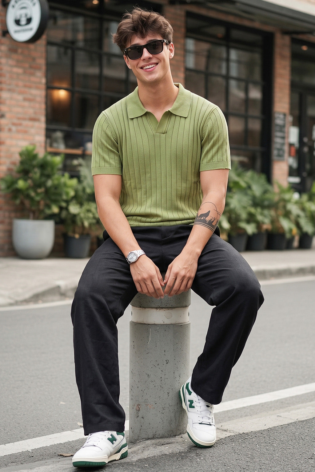 Mild Green Ribbed Flatknit Textured Regular Fit Exclusive Polo T-Shirt