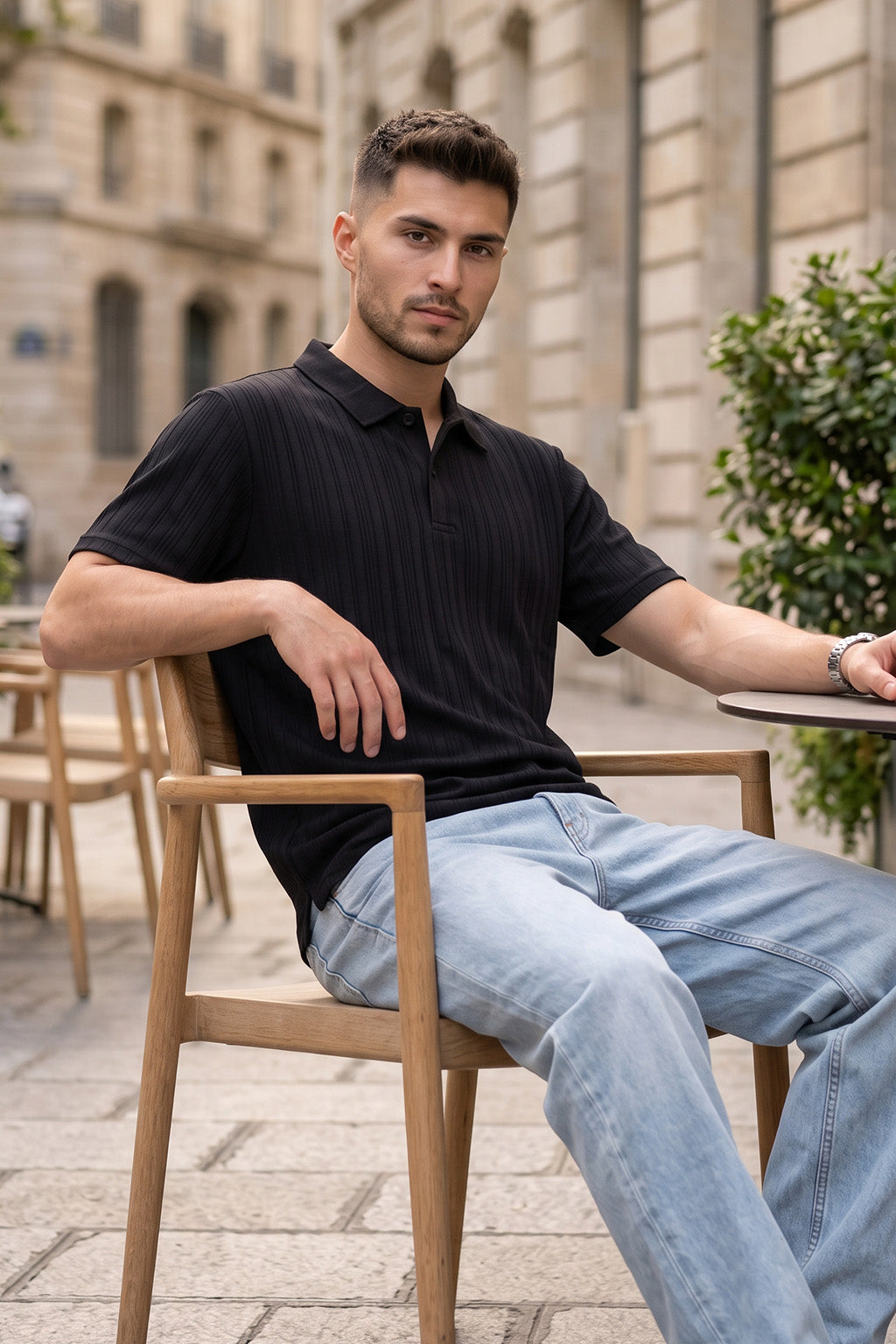 Black Cross Lining Jacquard Regular Fit Button Polo
