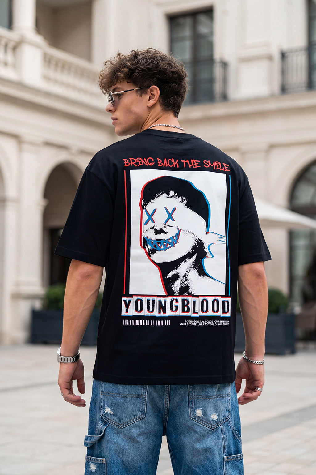 YOUNG BLOOD Printed Black Oversized Back Graphic Printed T-shirt