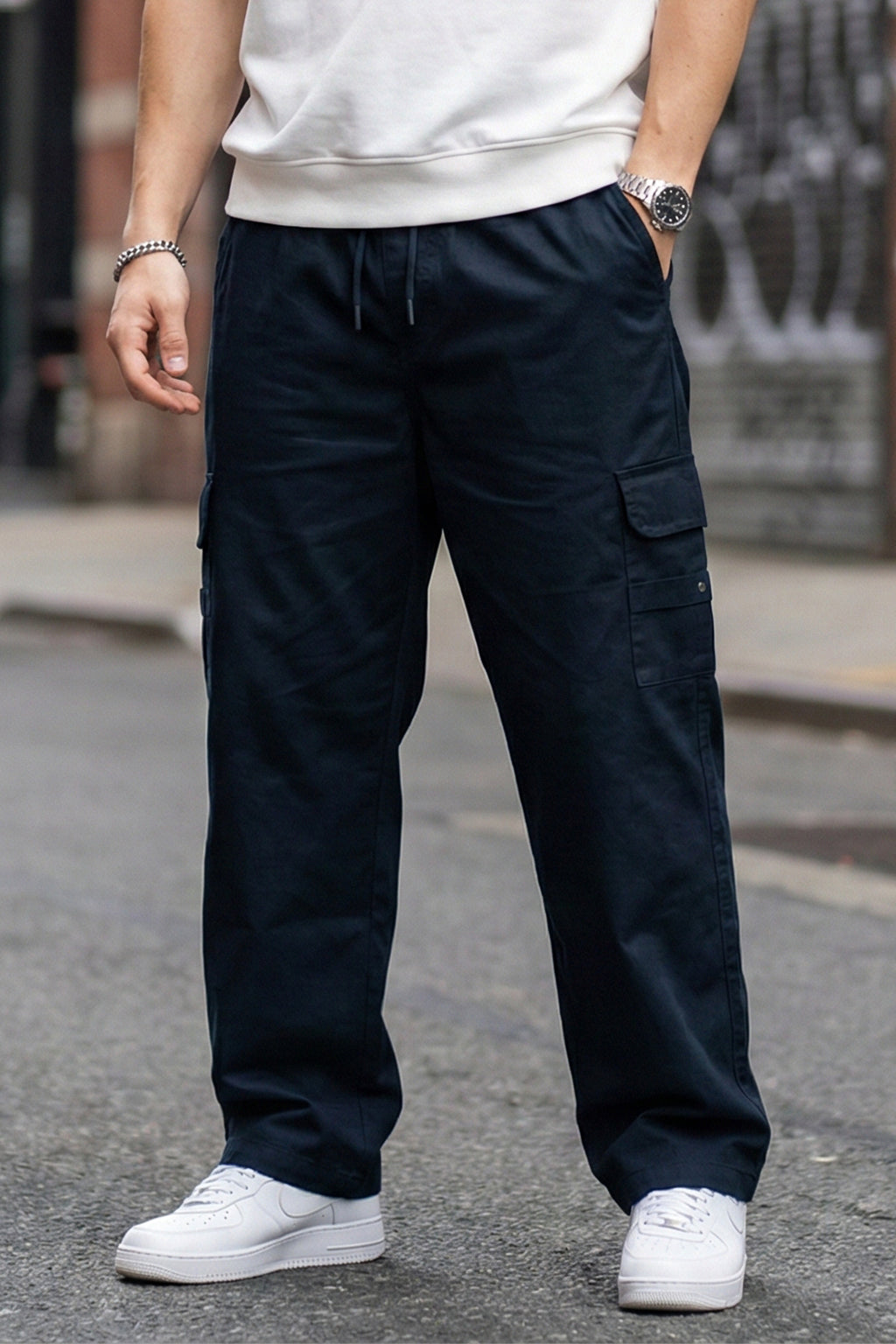 Navy Pure Cotton Baggy Fit 4 Pocket Cargo