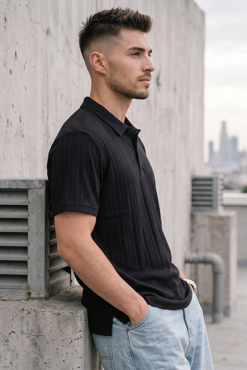 Black Cross Lining Jacquard Regular Fit Button Polo