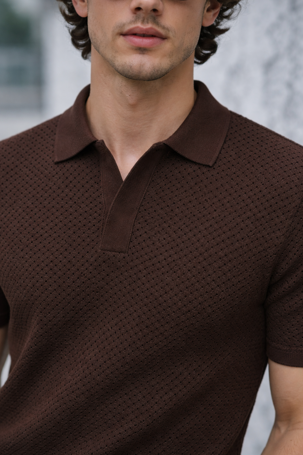 Brown Classic Micro Flatknit Textured Loose Fit Exclusive Polo T-Shirt