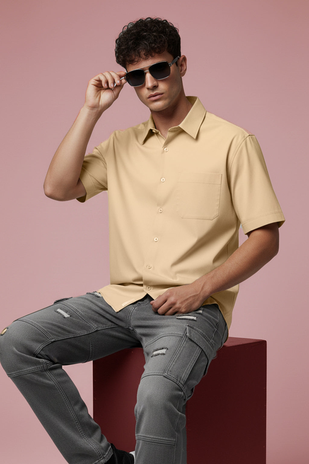 Beige Plain Regular Fit Half Sleeve Single Pocket Exclusive Shirt