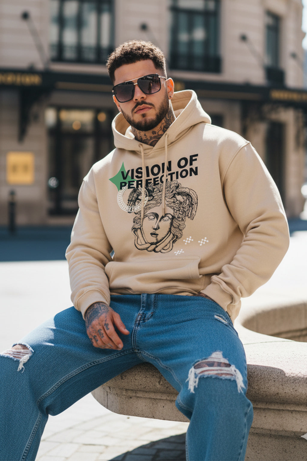 Masterpiece in Beige: Men's Perfection Print Oversized Hoodie