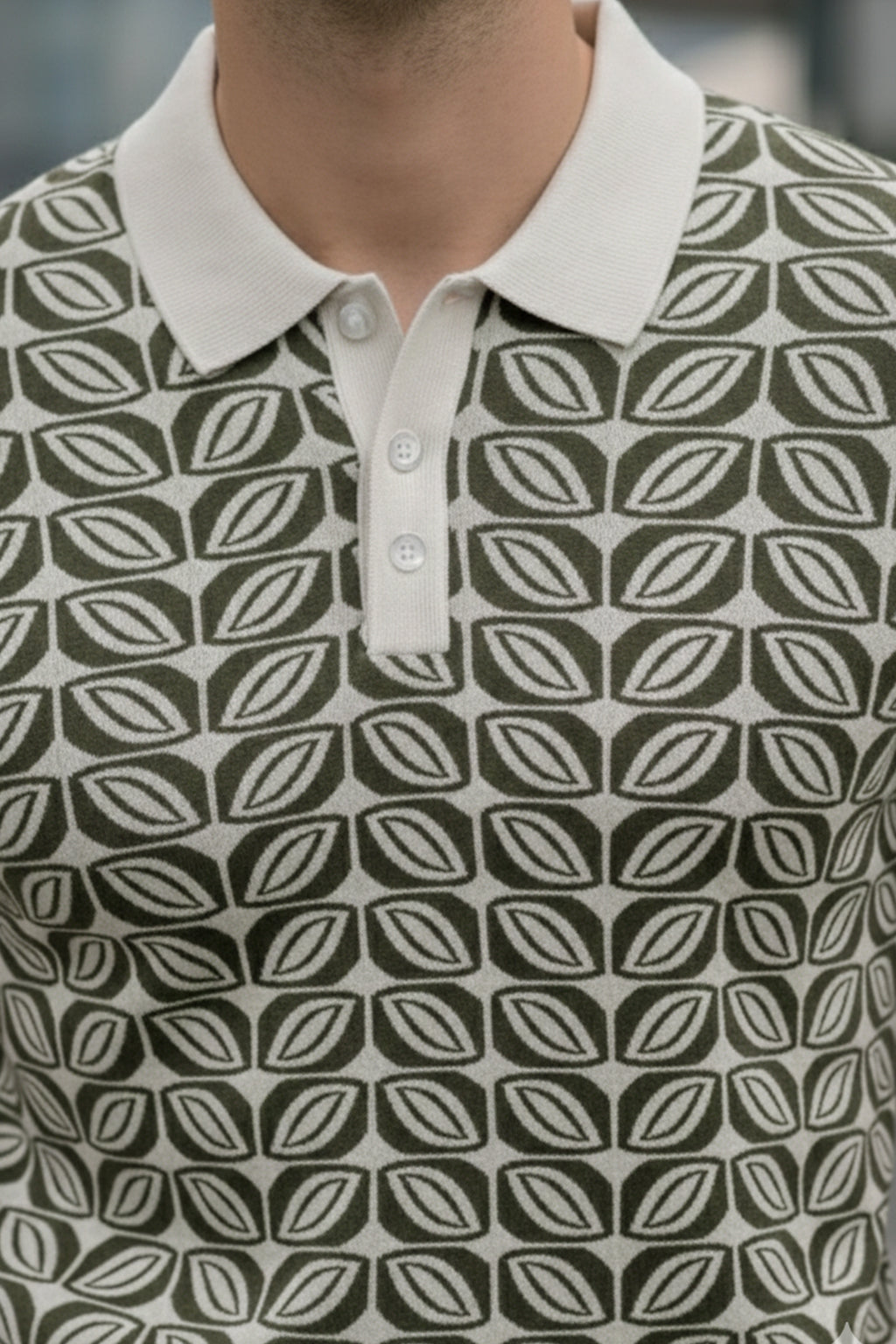 Monarch Pattern White & Olive Flatknit Textured Regular Fit Exclusive Polo T-Shirt