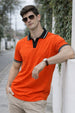 Orange Contrast Stripped Rib Collar Economic Regular Fit Pique Polo