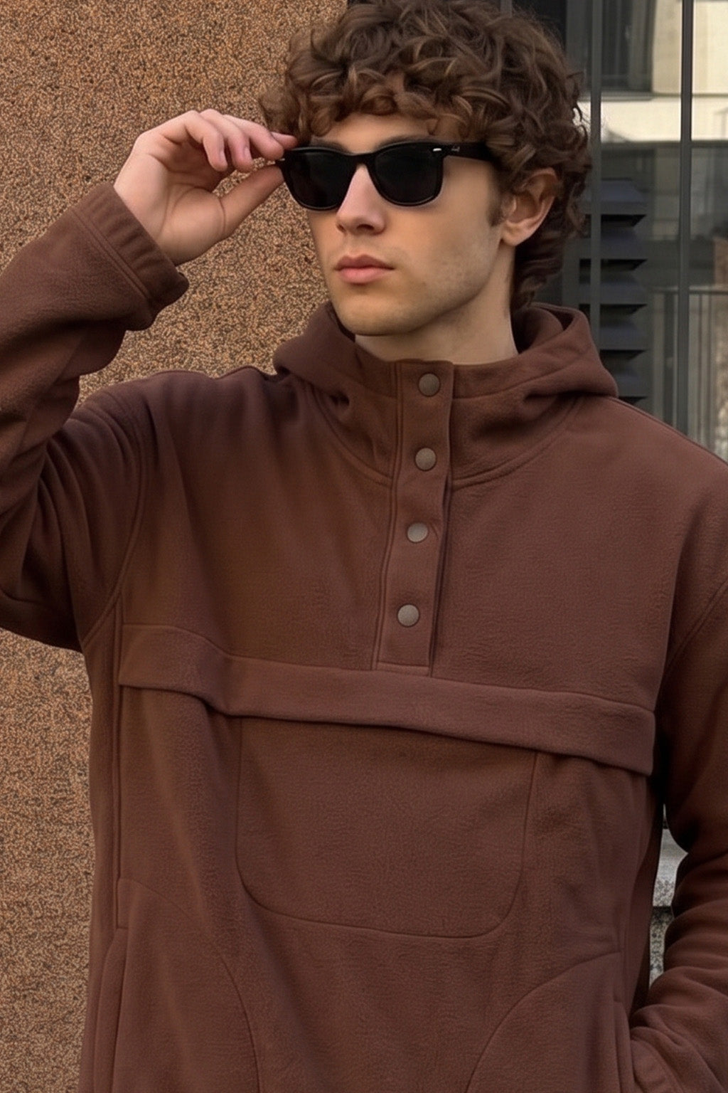 Veirdo Chocolate Oversized Plain Button-Neck Pullover Hoodie