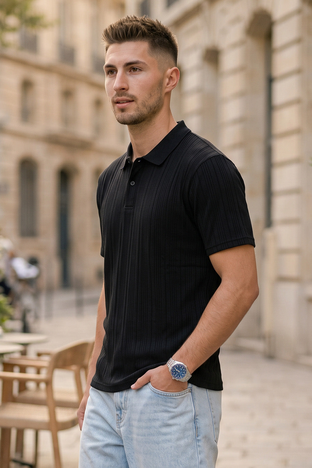 Black Cross Lining Jacquard Regular Fit Button Polo