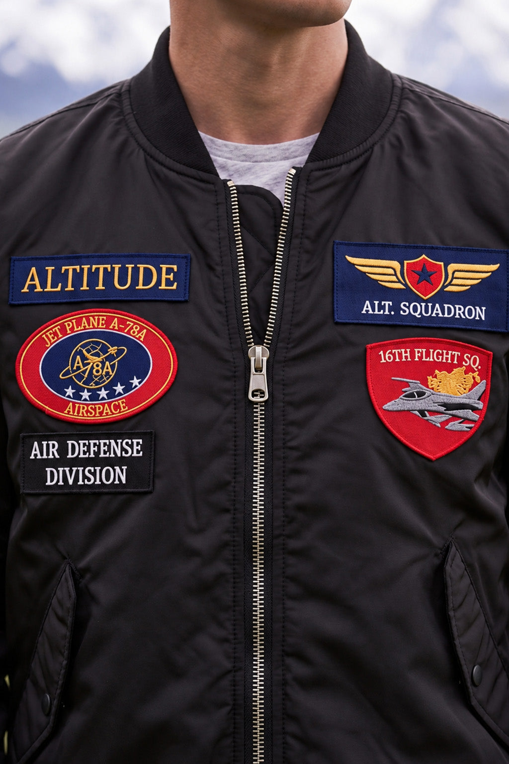 Altitude Black Multi-Patch Detailed Full Sleeve Zip-Up Pilot Jacket