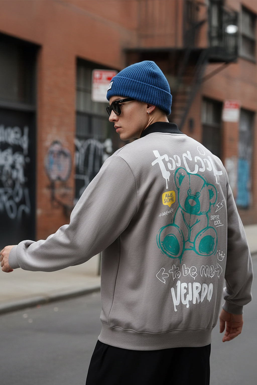 Grey Back Graphic Printed Varsity Jacket