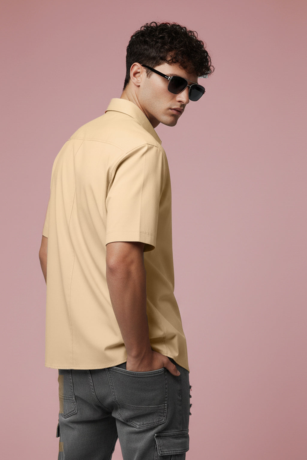 Beige Plain Regular Fit Half Sleeve Single Pocket Exclusive Shirt