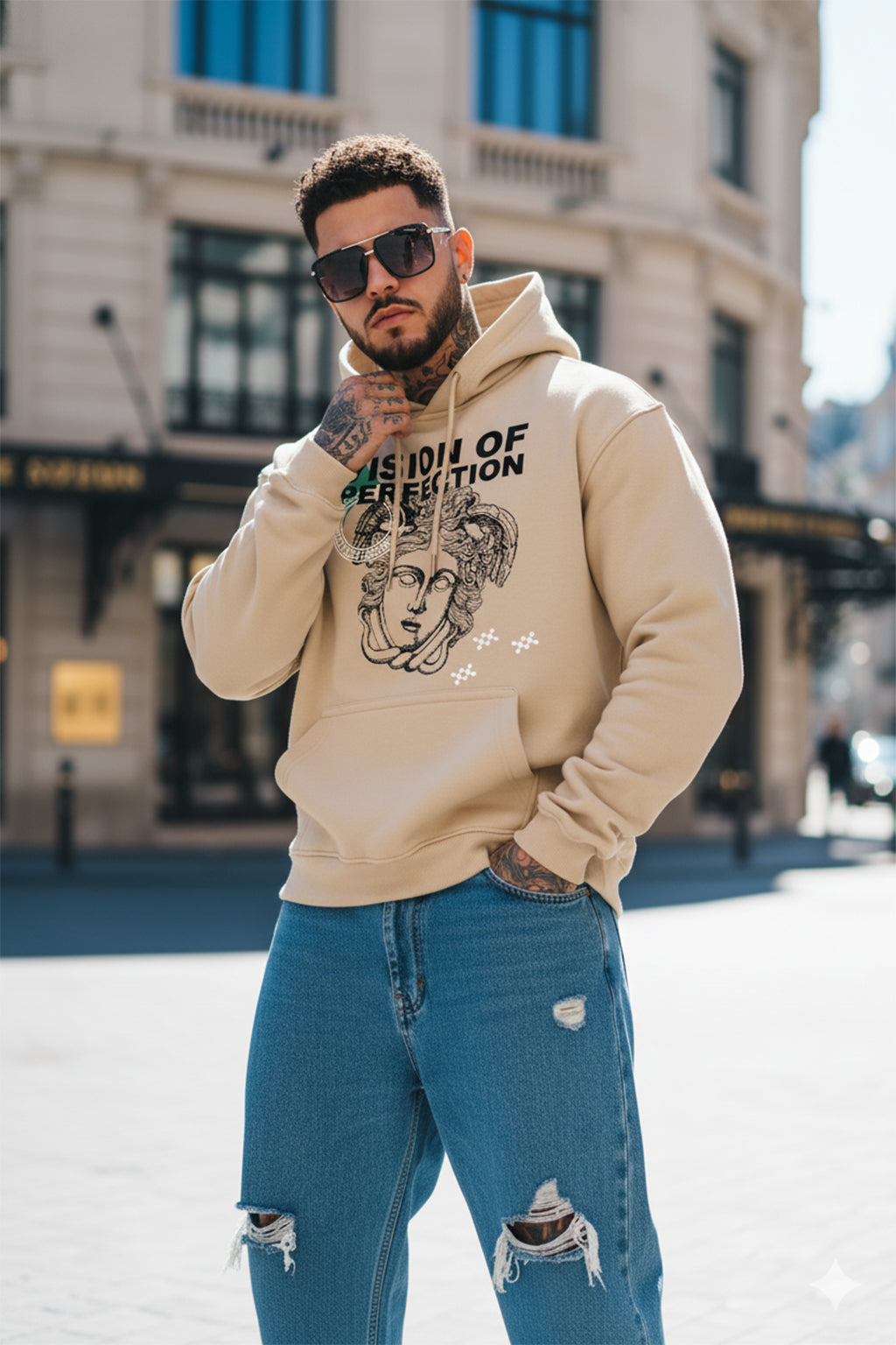 Masterpiece in Beige: Men's Perfection Print Oversized Hoodie