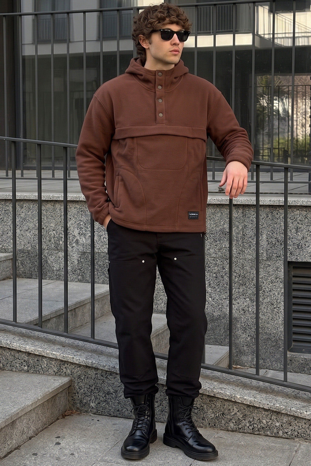 Veirdo Chocolate Oversized Plain Button-Neck Pullover Hoodie