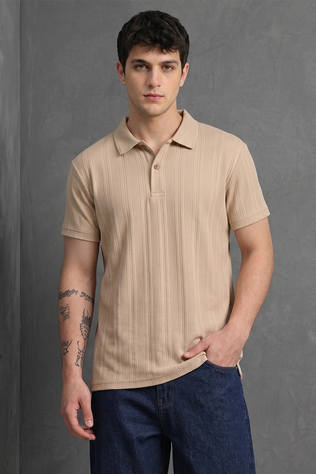 Beige Cross Lining Jacquard Regular Fit Button Polo