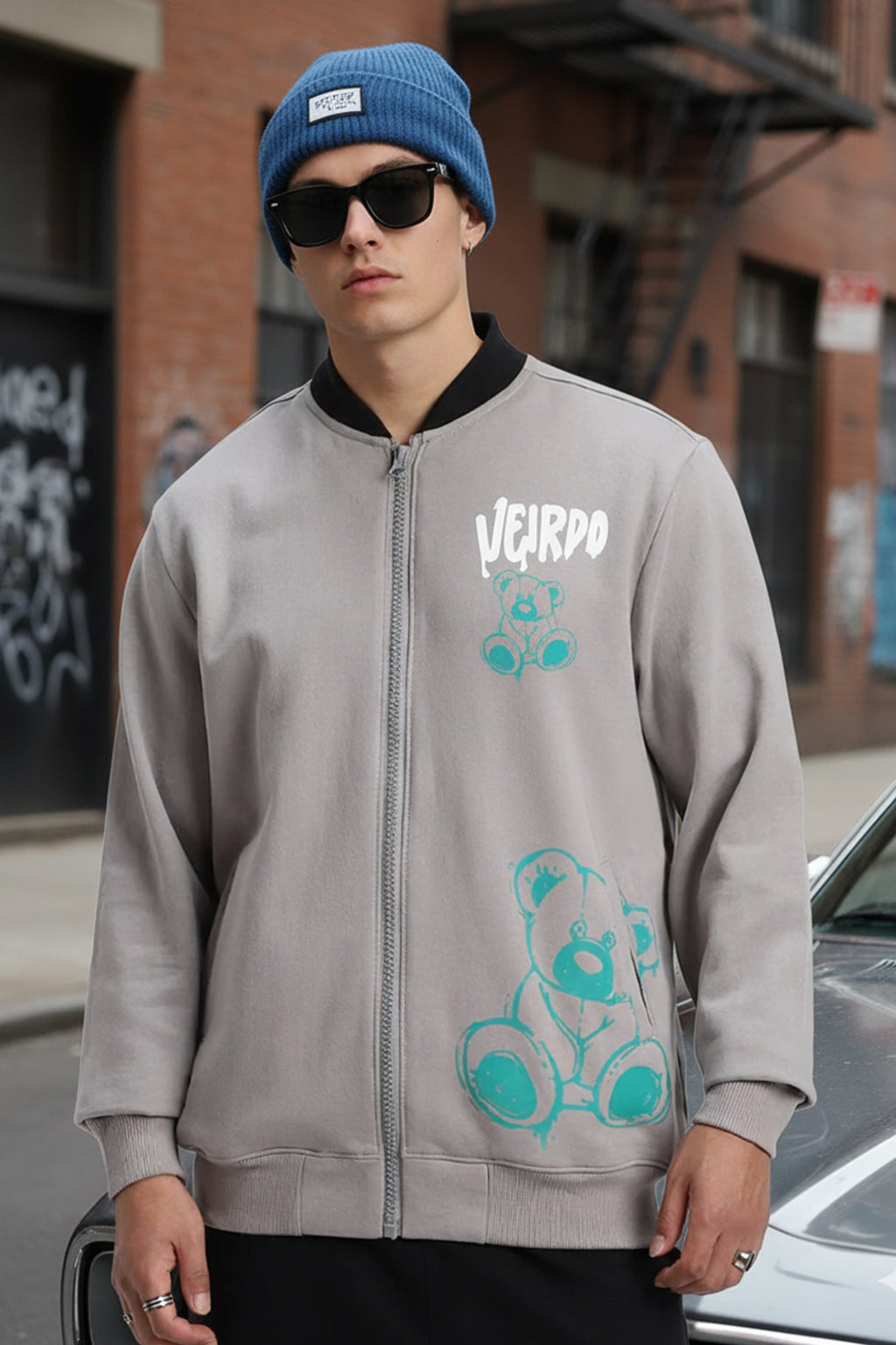 Grey Back Graphic Printed Varsity Jacket