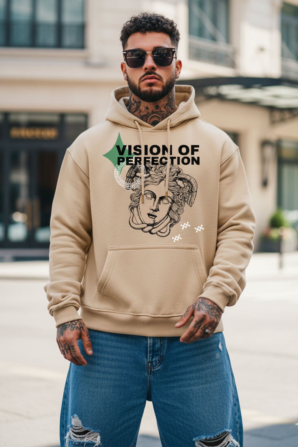 Masterpiece in Beige: Men's Perfection Print Oversized Hoodie
