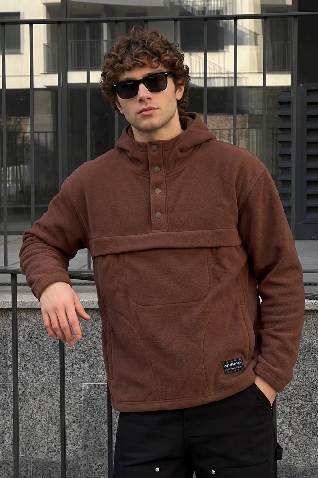 Veirdo Chocolate Oversized Plain Button-Neck Pullover Hoodie