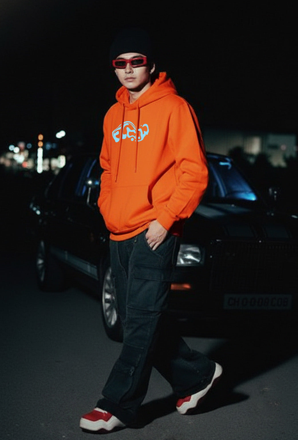 Flow Orange Oversized Printed Hoodie