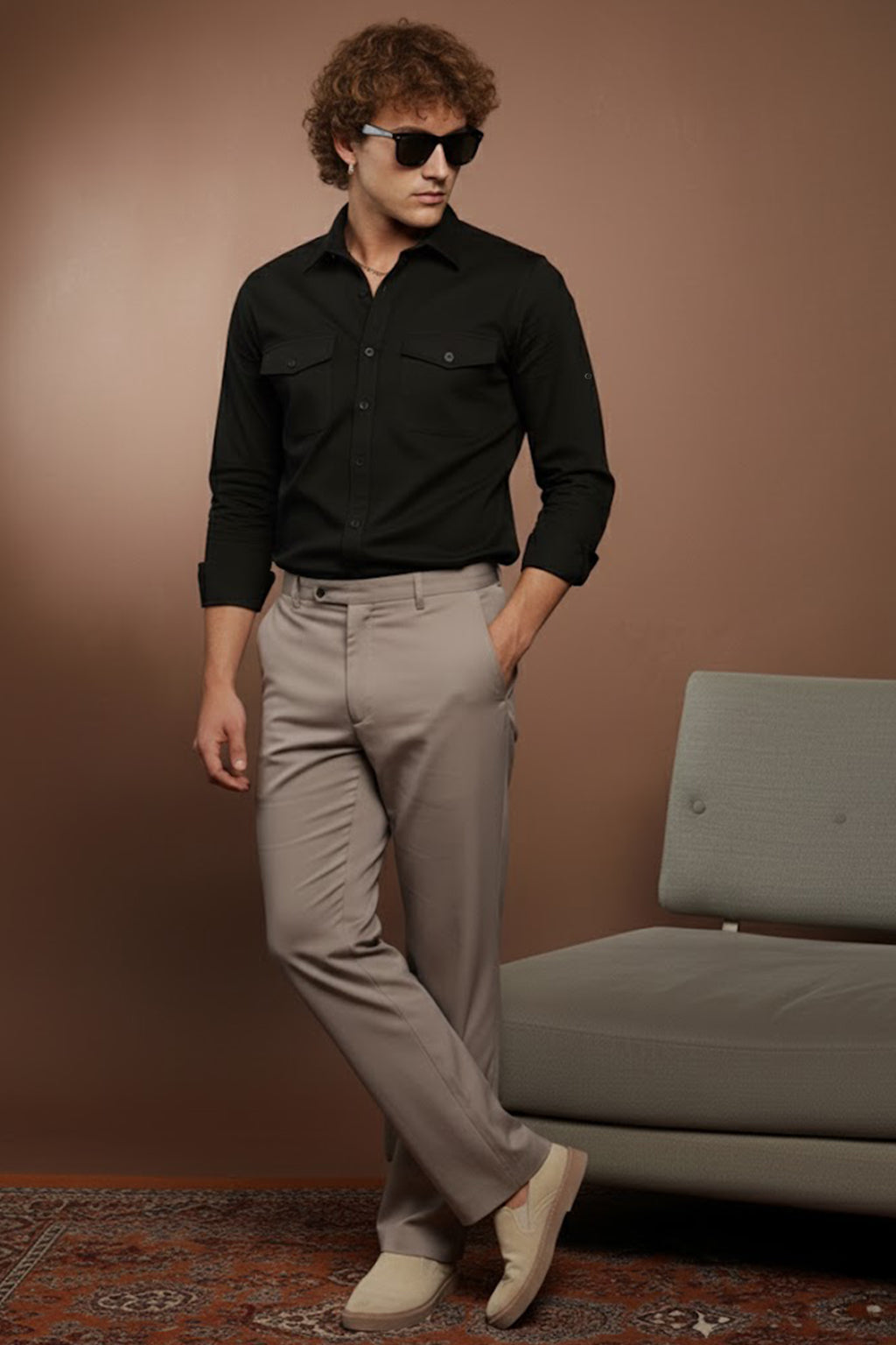 Black Plain Relaxed Fit Full Sleeve Dual Pocket Utility Exclusive Shirt