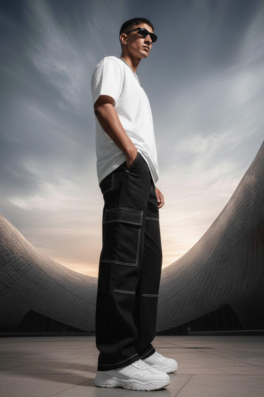 Black Pure Woven Straight Fit 5 Pocket Cargo