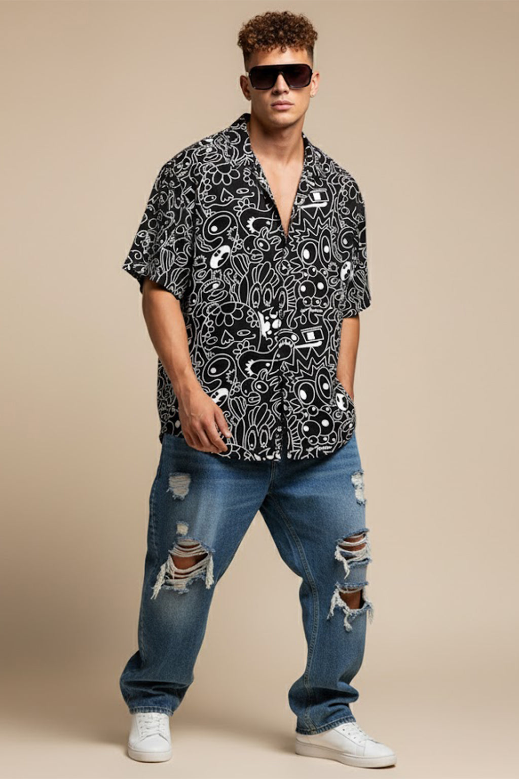 Abstract Maze Black All Over Print Oversized Exclusive Shirt