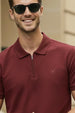 Maroon Interlock Plain Regular Fit Zipper Polo T-shirt