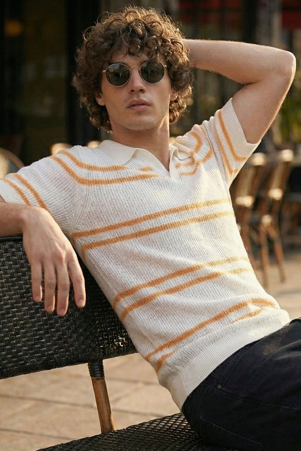 White & Yellow Stripped Flatknit Textured Regular Fit Exclusive Polo T-Shirt