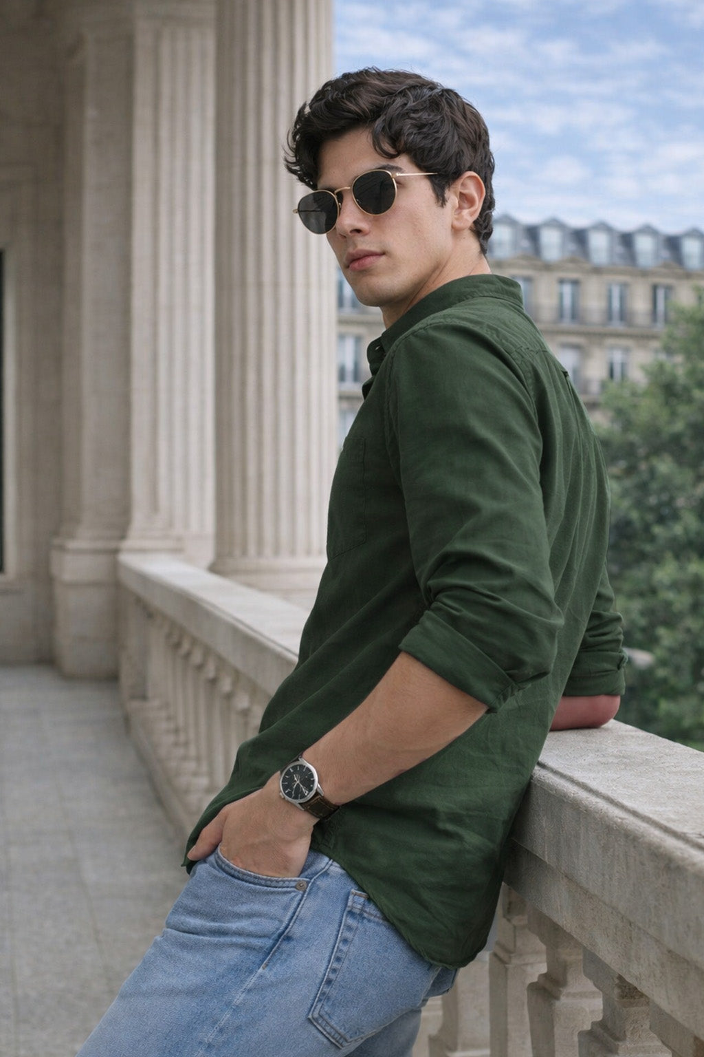 Olive Plain Regular Fit Chinese Collar Full Sleeve Exclusive Shirt