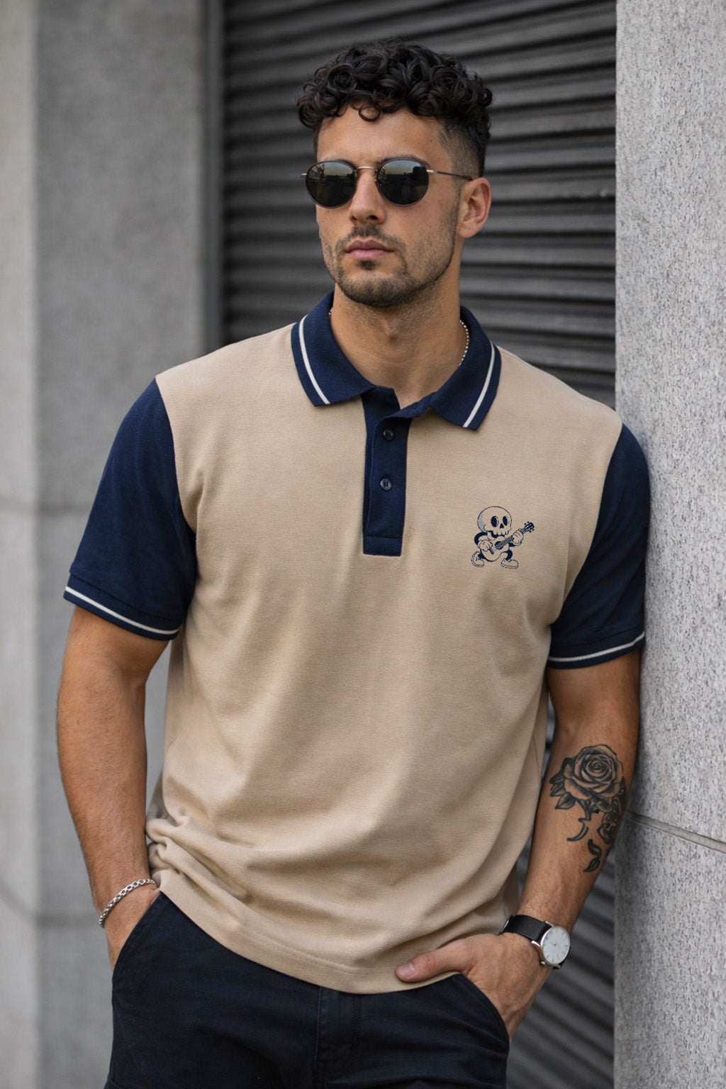 Guitar Swawhite Contrast Stripped Collar Economic Regular Fit Pique Polo